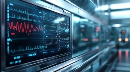 A digital display shows vital signs and health metrics in a sleek medical facility. The environment is high-tech, reflecting advanced healthcare practices and patient monitoring systems
