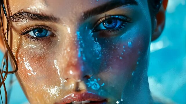 Young Caucasian woman wet skin Blue eyes glistening water Portrait captured vibrant daylight Intimate moment serene poolside Reflective mood cool Close fresh youthful beauty