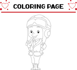 pretty pilot girl is standing with good pose coloring page for kids