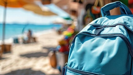 Obraz premium A vibrant beach scene featuring a blue backpack in the foreground with sunbathers and umbrellas in the background