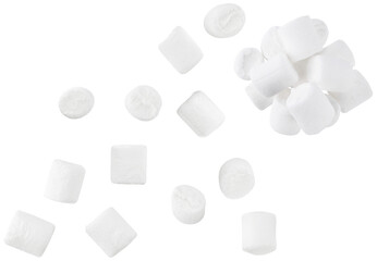 Scattered pile white mini marshmallows isolated on a transparent background. Completely in focus. Top view.