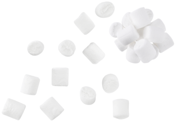 Scattered pile white mini marshmallows isolated on a transparent background. Completely in focus. Top view.