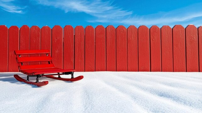 A sled leaning against a snowy fence with a wintery backdrop.