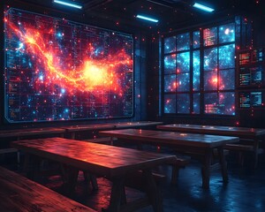 Serene Classroom with Glowing Interactive Charts of Renewable Energy Solutions Fostering Innovative Thinking and Education Driven Innovation