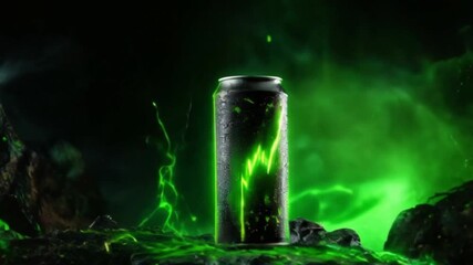 An energy drink can is showcased prominently in a striking green and black environment. The dark rocky surface and glowing effects create an intense atmosphere that highlights the can