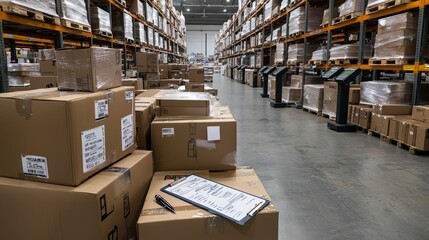 Optimized package delivery and warehouse stock management strategies for industrial logistics with aisle view