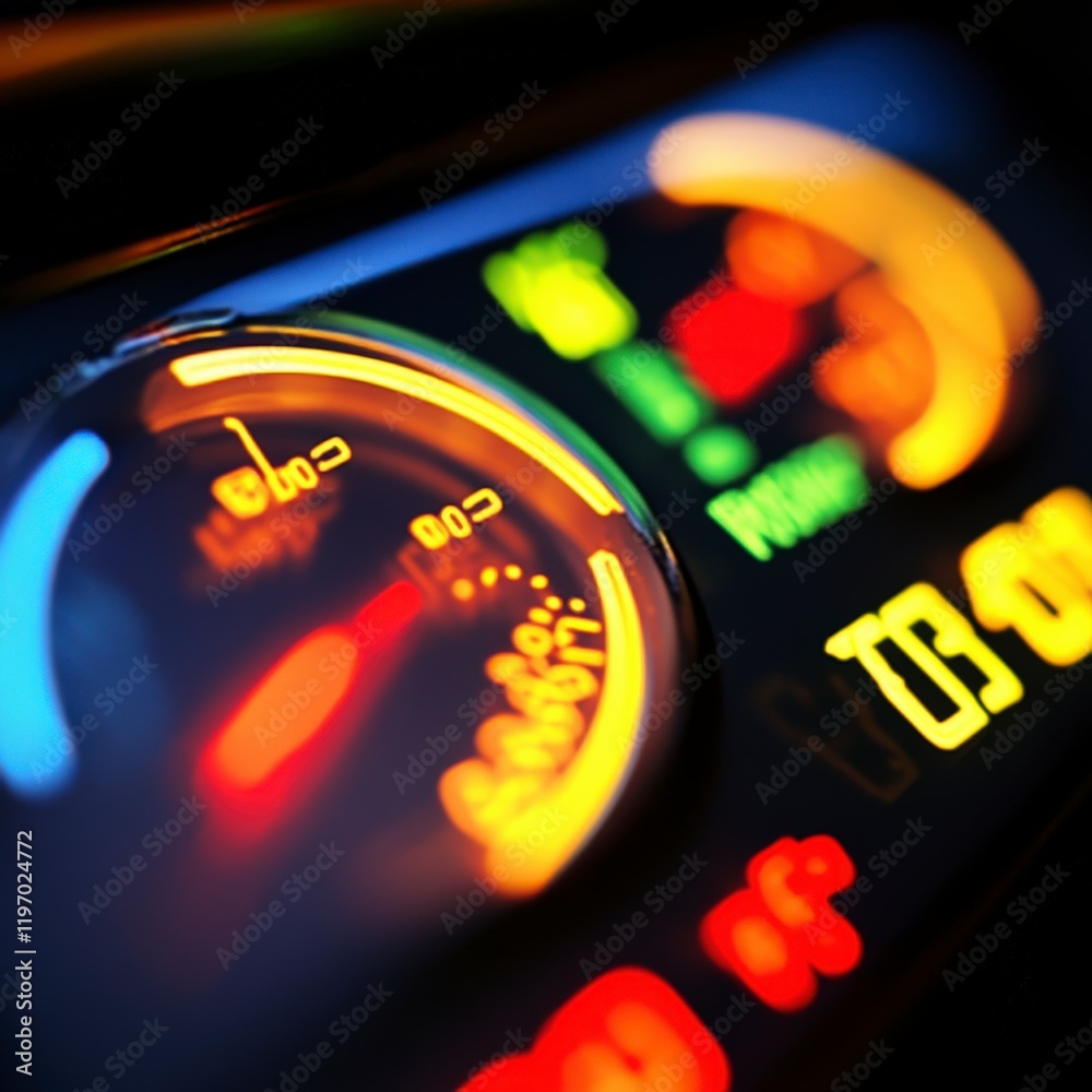 Poster Monitoring performance metrics speed gauges automotive dashboard data visualization nighttime environment close-up view