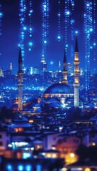 Fototapeta premium Istanbul s Magnificent Blue Mosque Illuminated in Digital Network at Twilight, Turkey