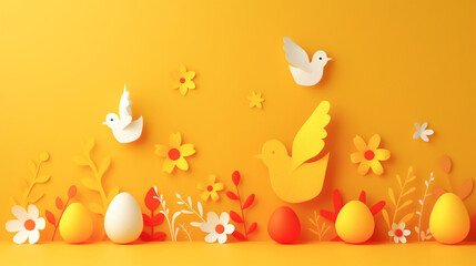 Easter Holiday and Springtime creative yellow background with paper cut birds, flowers, and eggs.