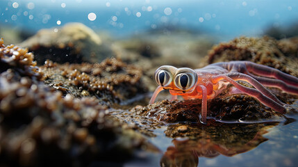 Fototapeta premium Close-up of a Small Red Sea Creature on a Rocky Reef