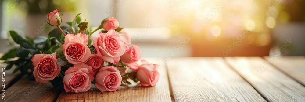 Aufkleber Bright roses arranged on a wooden table with soft sunlight illuminating the background. Generative AI