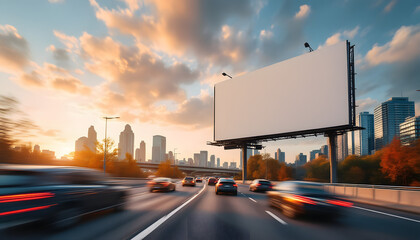 commercial advertising mockup billboard alongside busy metropolitan expressway sunset
