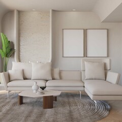 modern contemporary living room with two poster mockup framed and sofa set. 3d illustration