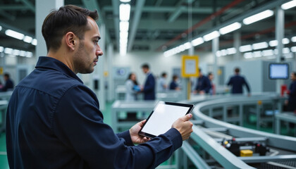 Fototapeta premium Focused production supervisor using tablet in assembly environment, innovation