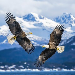 Obraz premium Majestic Bald Eagles Soaring Over Snowy Mountains A Breathtaking Wildlife Scene