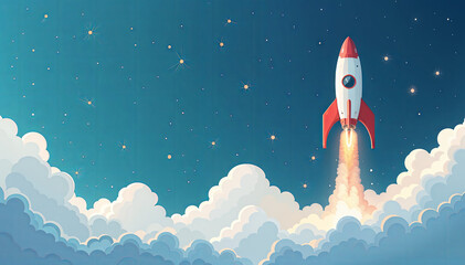 Rocket launching into space through clouds with a starry background