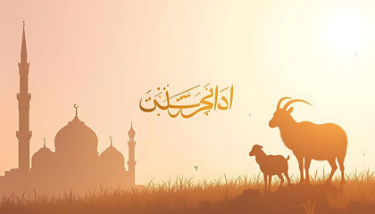 Fototapeta premium Eid Al Adha Mubarak . Creative ads for social media , banner, poster, greeting card. 3D illustration. Sunset Silhouette of Mosque and Goats