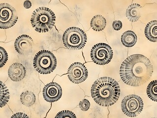 A repeating pattern of hand-drawn spirals and dots on torn vintage paper