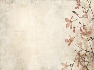 A weathered vintage paper pattern with soft beige tones, deckle edges, and faint tea stains, featuring subtle floral overlays