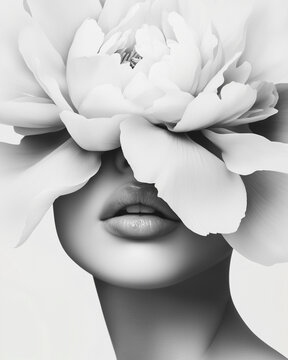 A black and white image features a close-up view of a partial face of a woman. Her face is largely concealed by a large flower, likely a peony, which covers her eyes and a significant portion of her f