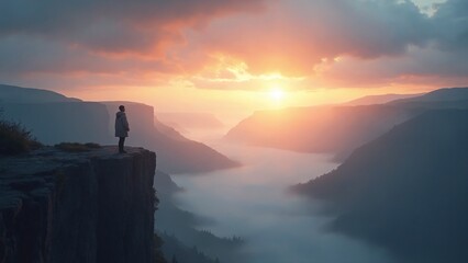 A serene, ethereal landscape at dawn, where a lone figure stands on a rocky cliff overlooking a vast, mist-covered valley