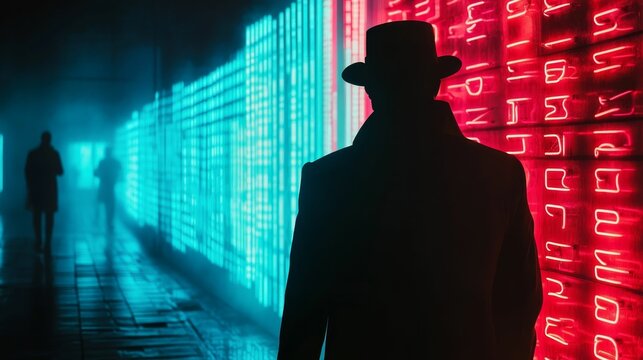 Silhouetted figure with hat, neon lights, other people.