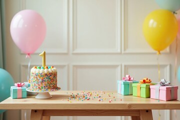 A charming wooden table set for a birthday party with a colorful cake, balloons, and wrapped gifts. The inviting setup captures the joy of celebrating a special day