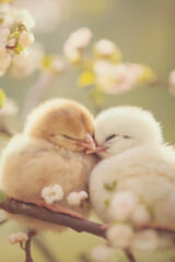 Zwei niedliche K&uuml;ken kuscheln sich in einer bl&uuml;henden Wiese

