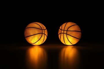 Obraz premium Two Illuminated Basketballs Glowing Against a Black Background Capturing the Spirit of Sports and Recreation in an Artistic and Eye-Catching Way