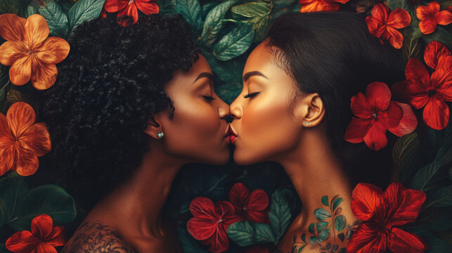 Two black women warmly kiss, enveloped by a beautiful arrangement of flowers. Their joyful moment radiates love and connection in a natural setting, highlighting their bond.