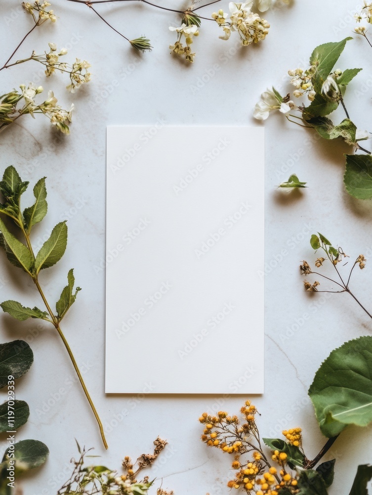 Aufkleber Blank canvas surrounded by fresh flowers and green leaves on a light background for creative design or stationery mock up. Generative AI
