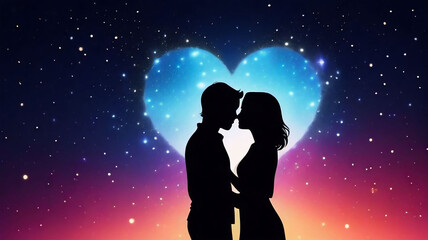 Two silhouettes surrounded by particles and radiance, eternal love, valentine's day