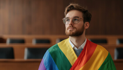 Empowered man wearing rainbow flag in courtroom, symbolizing pride and equality