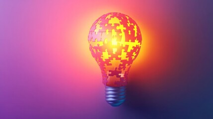Glowing puzzle lightbulb, idea solution, pink background