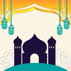 Islamic post banner with mosque and lantern illustration elements