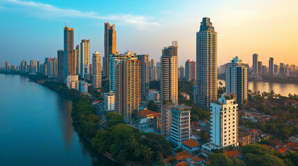 Fototapeta premium Modern urban landscape with high-rise buildings by a pond at sunset