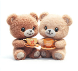 Obraz premium cute teddy bear couple enjoying tea together, isolated on a white background. 
