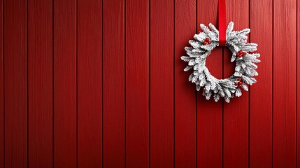 A wreath hanging on a wooden door with a snowy background.