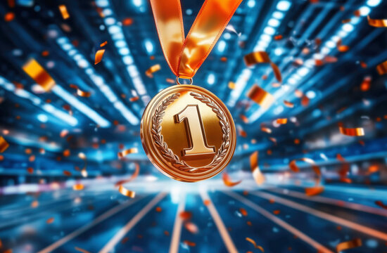 Gold medal hanging with orange ribbon in stadium celebrating first place