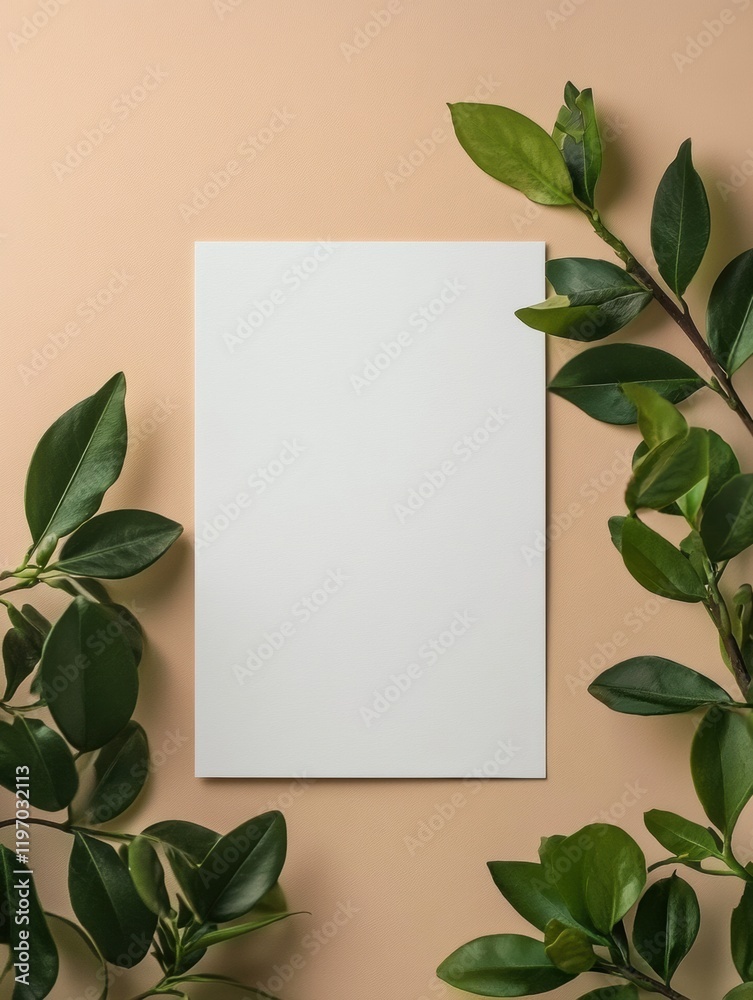 Poster blank paper surrounded by green leaves on a beige background for creative design and mock up purpose
