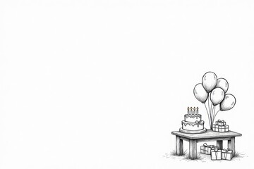 Obraz premium Background Copy-space for text: A charming wooden table set for a birthday party with a colorful cake, balloons, and wrapped gifts. The inviting setup captures the joy of celebrating a special day
