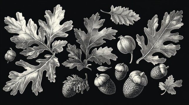 Elegant Botanical Illustration: Oak Leaves and Acorns