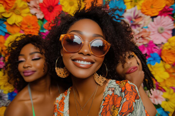 A vibrant Black woman smiles brightly while posing with her friends against a backdrop filled with colorful flowers. They celebrate friendship and joy in a lively setting.
