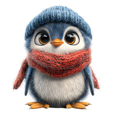 A cute cartoon penguin wearing a knitted hat and scarf, exuding warmth and charm.