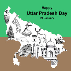 A vibrant illustration celebrating Uttar Pradesh Day. The image features a stylized map of the state, filled with iconic symbols representing its rich cultural heritage.