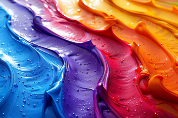 Shimmering layers of spilled paint exhibit a rich palette of colors including blue, purple, red,...