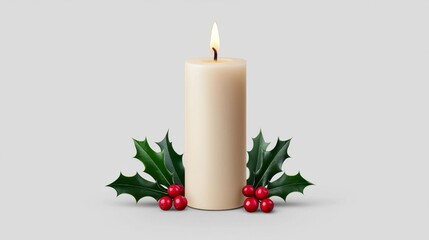 A Christmas candle with holly and berries around the base.