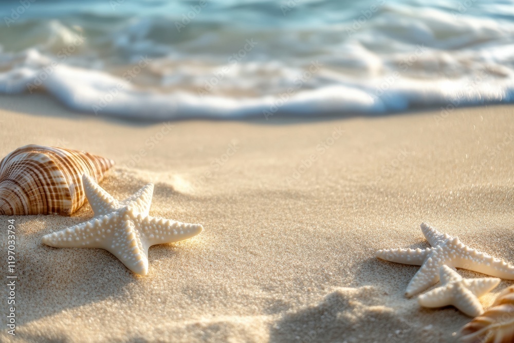 Poster stunning beach landscape featuring shells and starfish along sandy shoreline with gentle waves. gene