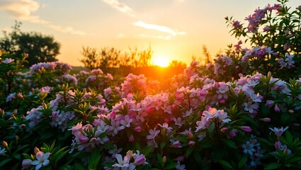 Obraz premium Spring Blossoms in a Sunset Garden: Nature's Beauty