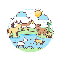 watering hole with animals icon, watering hole with animals vector,